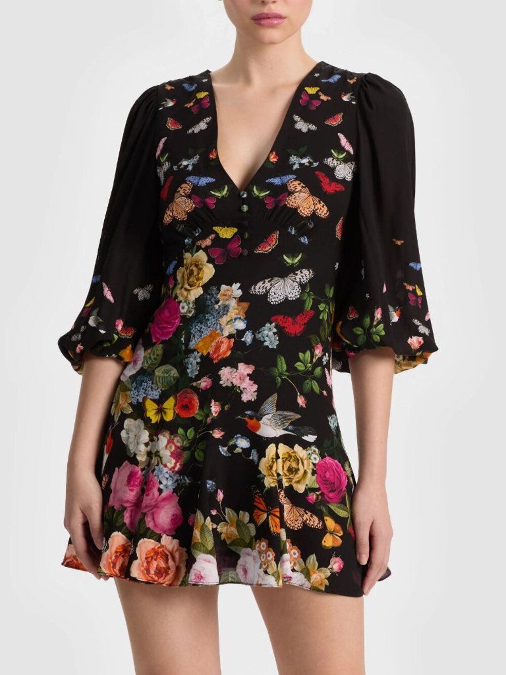 NWT Alice + Olivia Irene Mini Dress Black Floral Long Sleeve V-Neck Size 8
